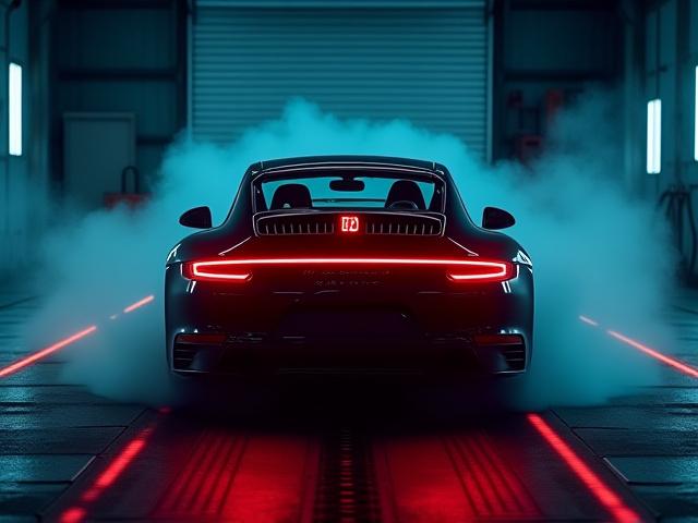 Coche deportivo en dinamómetro para pruebas de rendimiento