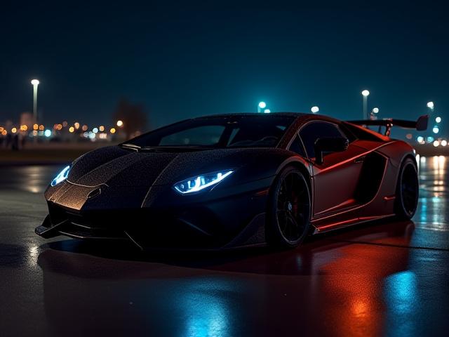 Supercoche altamente personalizado brillando bajo las luces de la noche