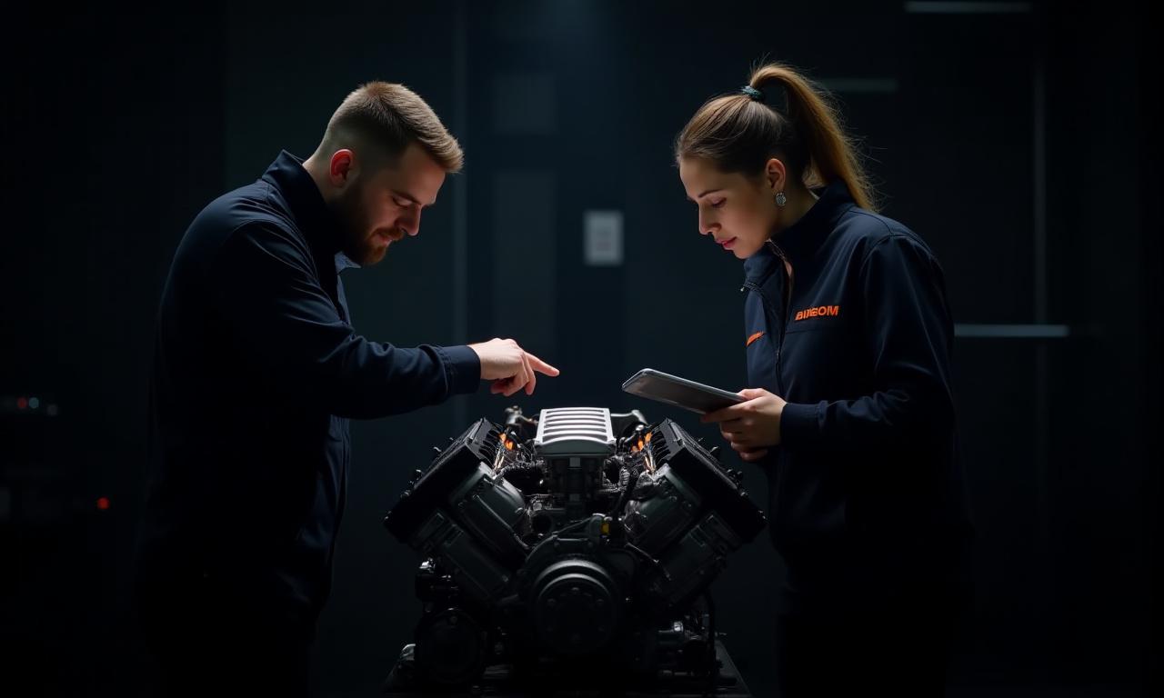 Fundadores de Tayrona Tracks trabajando meticulosamente en un motor de alto rendimiento en un taller moderno
